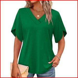 Women's V-Neck Petal Sleeve T-Shirt Loose Fit Summer Top